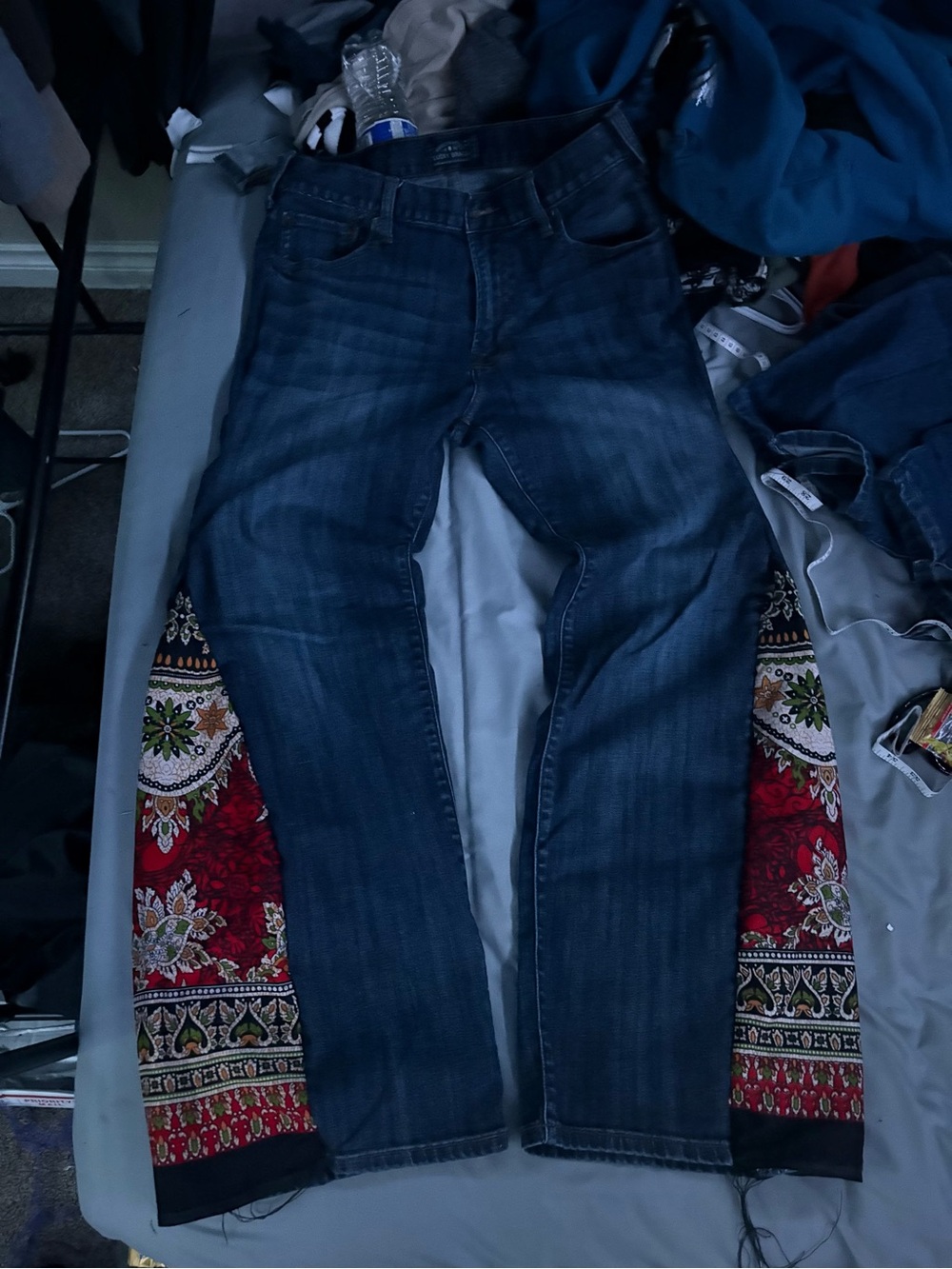 Dark Wash Denim Jeans with Colorful Embroidered Side Panels